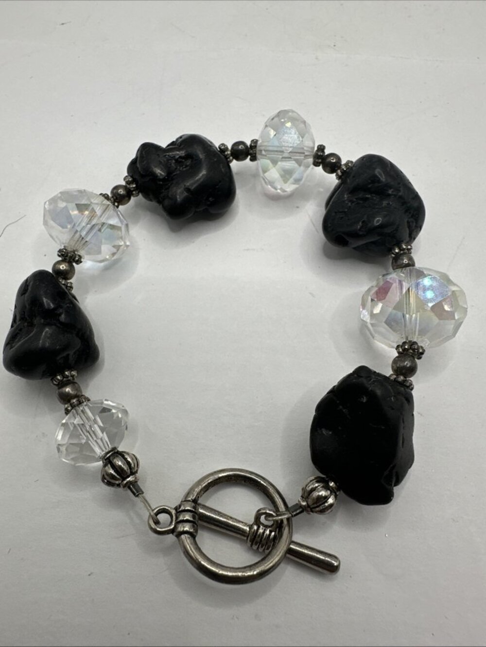 Tektite? Raw Obsidian? Faceted AB Crystal Glass Beads SilverTone Bracelet 8”